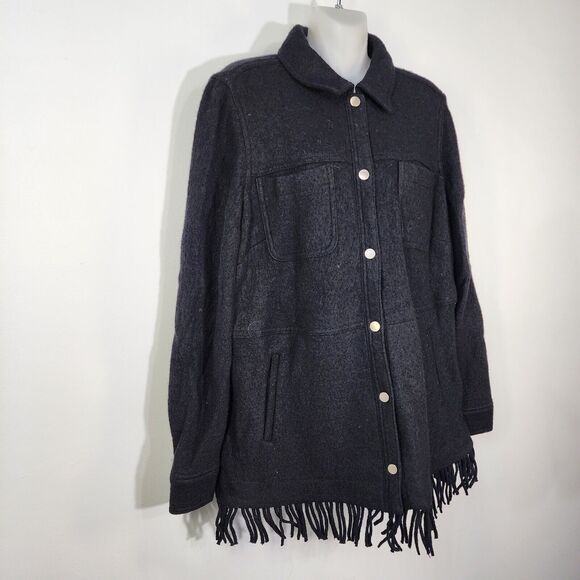 Chico's Boiled Wool-Blend Blanket Jacket Shacket Size 2 Large 12/14 Fringe Black - Picture 5 of 11